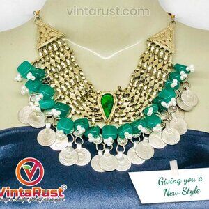 Afghan Kuchi Choker: Green Glass, Coins, Boho Statement Necklace
